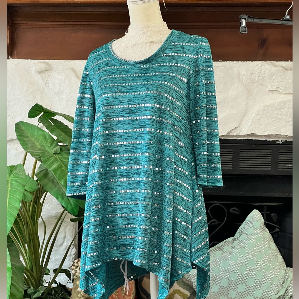 Peck & Peck Tunic Teal Sequin Top Women’s Size Small